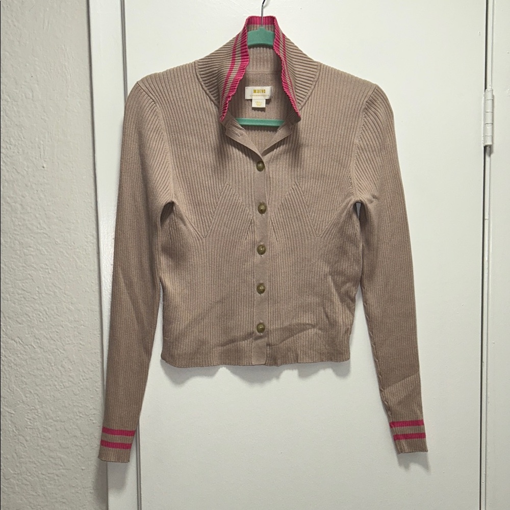 Anthropologie Tan Cardigan with Pink Accents